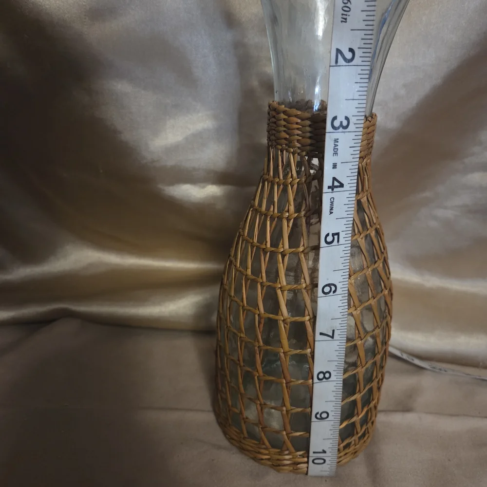 Vintage Boho Rattan Wicker Wrapped Glass Carafe Vase 10